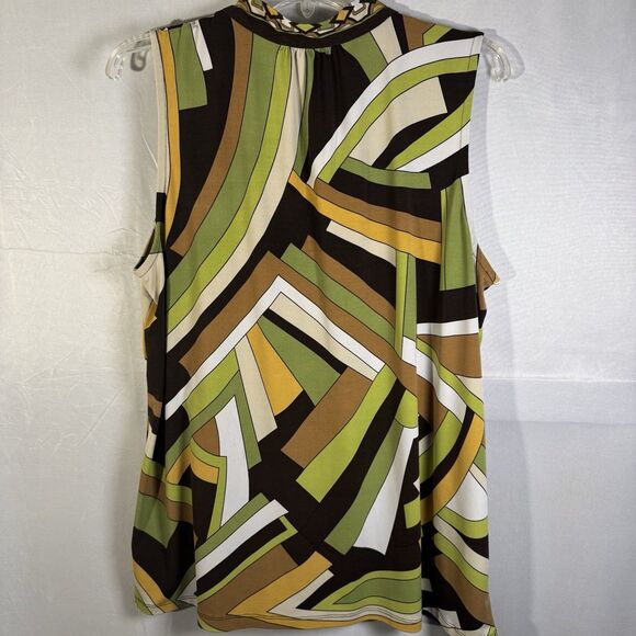 Michael Kors Women’s Sleeveless Top L Geometric Retro Print Green Brown Yellow - Picture 2 of 7